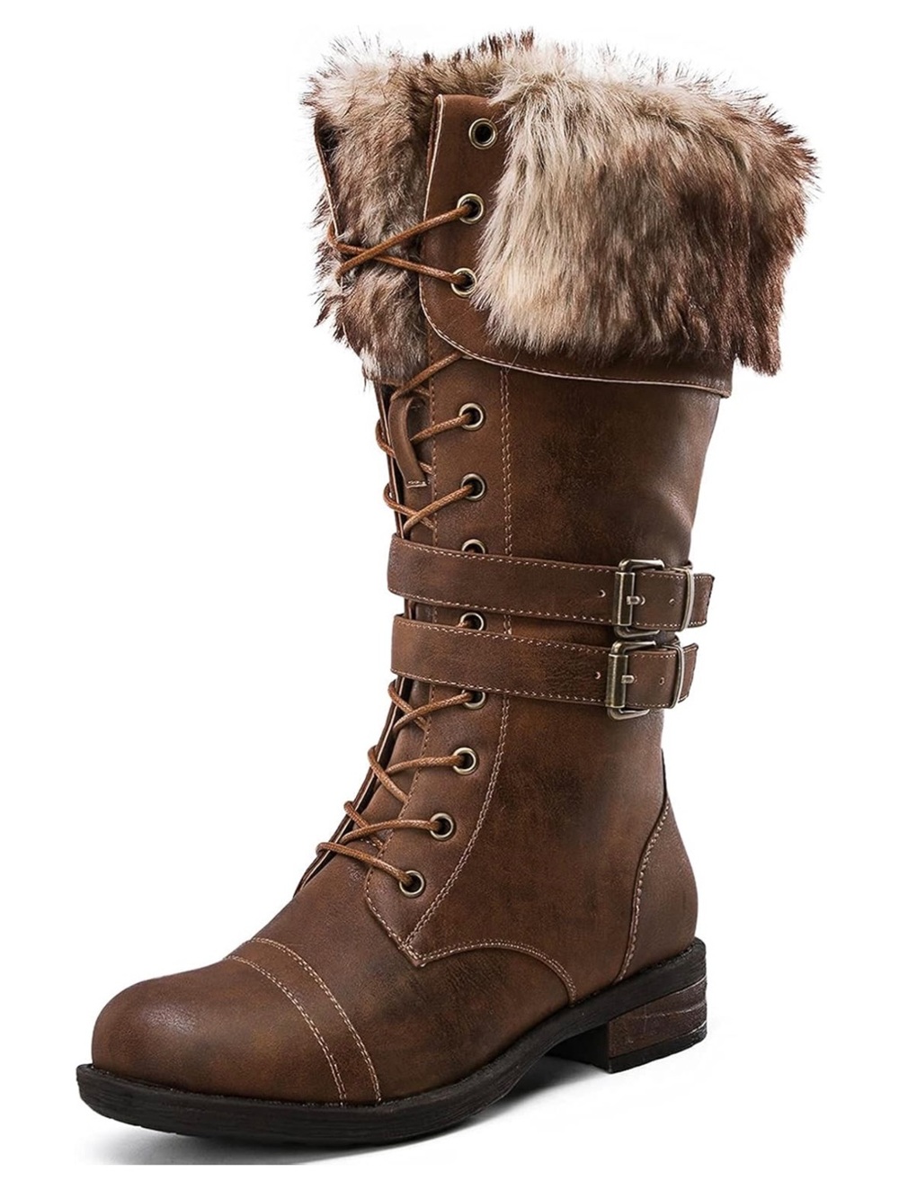 GLOBALWIN The Aspen Combat Boots Brown Faux Fur Lace Up Buckle Knee High